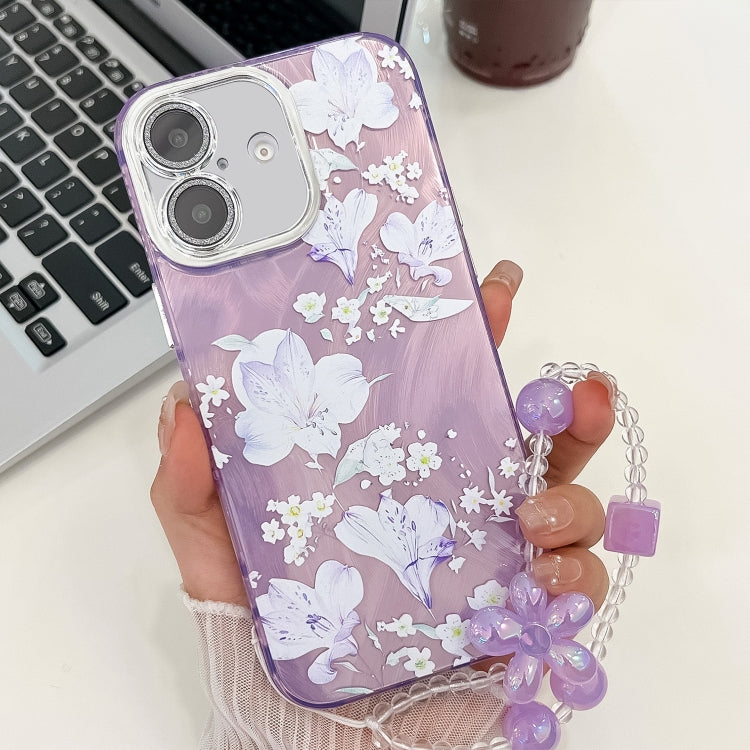 Electroplating Flowers Plants Texture Wristband TPU Phone Case, For iPhone 16 Plus