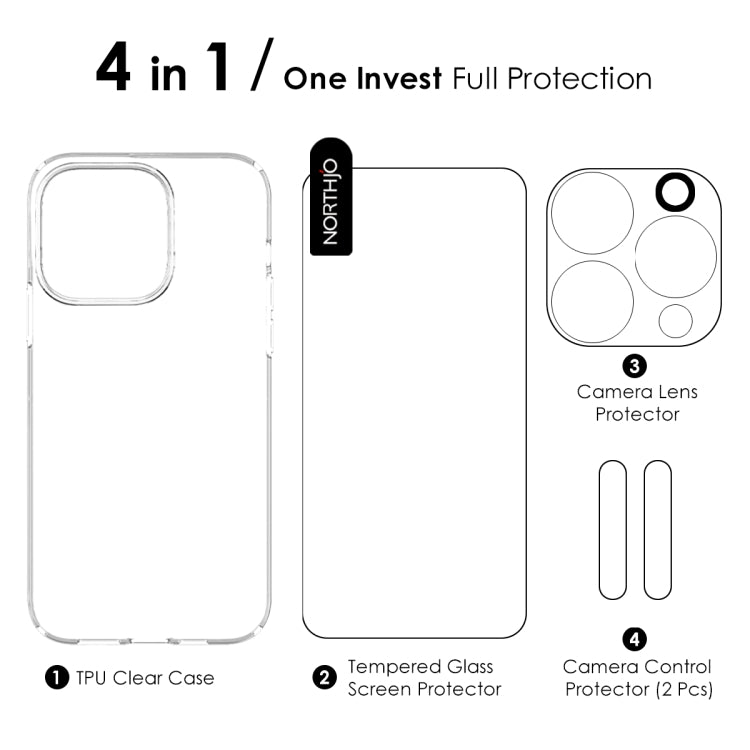 NORTHJO 4 in 1 TPU Phone Case with Screen Film and Lens Film and Camera Control Button Cover, For iPhone 16 Pro Max, For iPhone 16 Pro, For iPhone 16 Plus, For iPhone 16