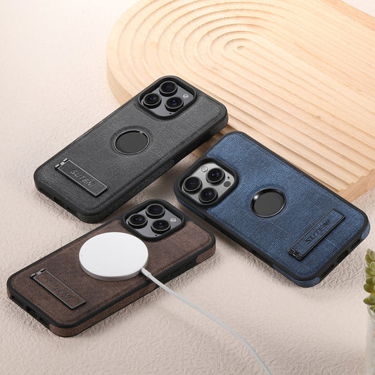 Suteni G2 Holder Denim Leather Back MagSafe Phone Case, For iPhone 16 Pro Max, For iPhone 16 Pro, For iPhone 16 Plus, For iPhone 16, For iPhone 15 Pro Max, For iPhone 15 Pro, For iPhone 15 Plus, For iPhone 15, For iPhone 14 Plus, For iPhone 14